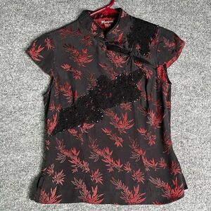 Vintage Monsoon Top Women Size 4 Oriental Sequin Red Black Y2K
